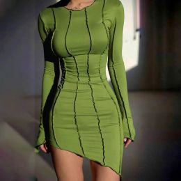 Dress Soolasea 2023 Nieuwe Spring Sexy Club Striped Y2K Mini Bodycon Party Dames Dress Autumn Irregular O Neck Long Sleeve Fashion Dress