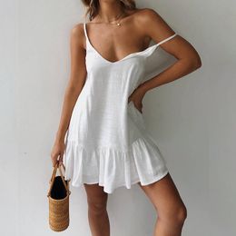 Robe Spaghetti Sangle Robes Hors Épaule Femmes Robe D'été 2021 Blanc Robe Droite À Volants Sexy Robe D'été Mini Coton Lin Robes