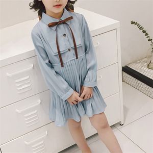 Robe Printemps Été Collège Style Plissée À Manches Longues Au Genou Enfants Vêtements Filles Pour 210528