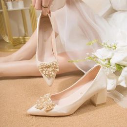 Robe Style français 608 chaussures pointues talon épais pour femmes moyen et perle principale mariage fiançailles mariée 78538