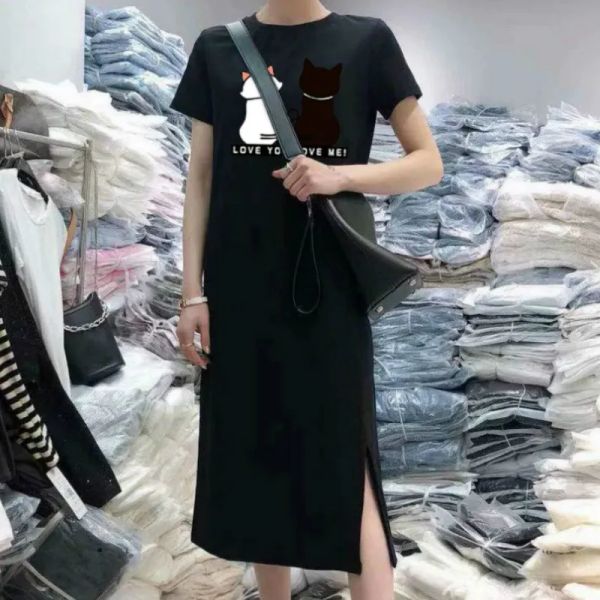 Vestido Verano Gatos Gráficos Vestido Mujer Kawaii Camiseta Vestido Manga Corta Casual Fondo Vestidos Midi Ropa Coreana Simple Camisón