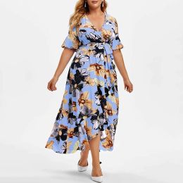 Vestido de verano con estampado Floral, estilo bohemio de vacaciones, vestido de mujer de talla grande con cuello en V, falda larga informal de talla grande holgada y ancha para playa 5XL