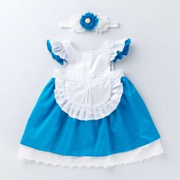 Jurk Summer Girl's nieuwe witte blauwe Assepoestera Maid Fashion Flying Mouwen Princess Dress 1-6-jarige meisjesjurk