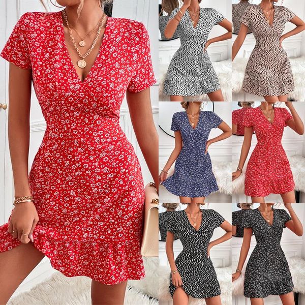 Vestido novedad de verano con cuello en V, vestido floral con puntos geométricos para mujer, decoración con volantes, estilo Casual campestre Sexy Xtype