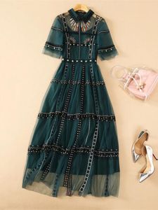 Vestido de verano de pasarela, Vestido bordado de malla verde, Vestido largo de fiesta de noche elegante de tul bordado con puntos Vintage de manga corta para mujer