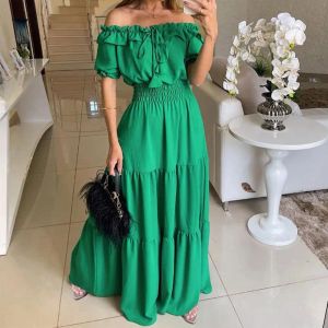 Jurk Zomer Effen Boho Jurk Vrouwen Mode Elegant Strand Feestjurk Casual Slash Hals Kantoor Maxi Jurken Voor Vrouw Gewaad femme Nieuw