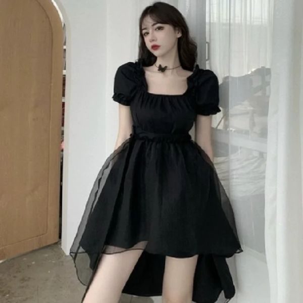 Vestido con cola de golondrina para mujer, vestido negro largo avanzado con manga abombada oscura, diseño de malla con sentido por delante, corto y trasero, verano 2023