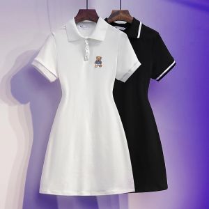 Robe sweat blanc manches courtes col polo t-shirt robe coréenne Kawaii ours broderie Art Baggy mignon noir mini robe été femmes 2022