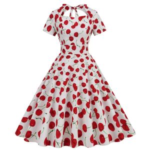 Robe Sweetheart Neck Taille Haute Cerise Vintage Années 50 Robe Midi Manches Courtes Dos Nu Femmes Tie Back Rockabilly Pinup Party Swing Dress