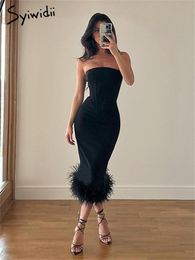 Vestido Syiwidii vestidos ajustados de fiesta para mujer dobladillo de piel 2022 vestido negro ajustado de moda Sexy Club noche elegante vestidos de noche para mujer