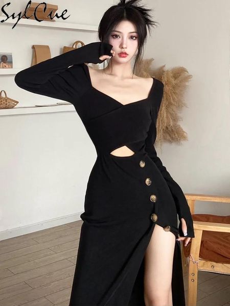 Robe Sylcue noir Simple soigné Sexy mince Mature chaud serré Stretch femmes tricot souple à manches longues pêche coeur cou robe fendue