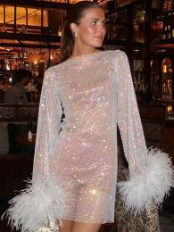 Robe Szkzk brillant maille plume Mini robe femmes boîte de nuit voir à travers tenues de mariage robes de soirée Sexy bal robes courtes