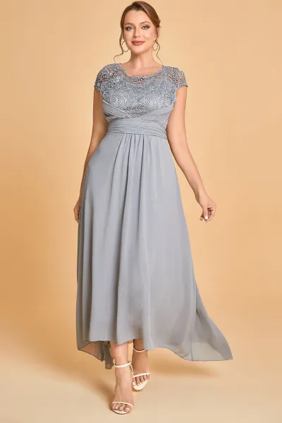 Robe Tempérament Grande Taille Mère De La Mariée Acier Gris Mousseline De Soie Dentelle Pli Cap Manches Asymétrique Ourlet Tunique Maxi Robe Robes