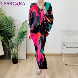 Vestido TESSCARA para mujer, nuevo vestido largo elegante con cuello en V, bata plisada de alta calidad para fiesta de cóctel, atuendo para ocasiones formales de diseñador Vintage