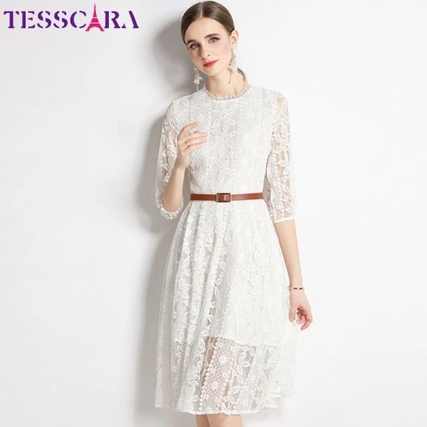 Vestido TESSCARA mujer verano elegante vestido de encaje blanco alta calidad boda cóctel fiesta bata Vintage diseñador Oficina señora Vestidos