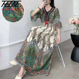 Vestido THHONE Vestido Largo Mujer Ropa India Bohemio Coreano Bordado Floral Algodón Lino Maxi Estampado Casual Vintage Vestidos Robe