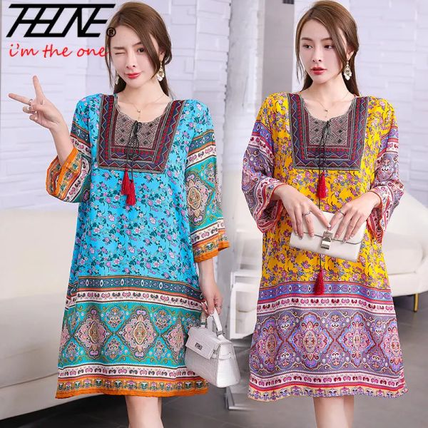 Vestido THHONE Túnica Vestido indio Mujer Midi Floral Estampado de gran tamaño Bohemio Boho Casual Flores bordadas sueltas Vestidos de playa Mujer