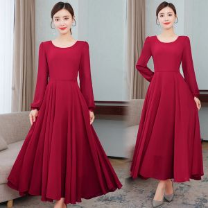 Jurk TingYiLi Oneck Belted Chiffon Lange Jurk Vrouwen Lente Herfst Lange Mouw Rood Zwart Jurk Vakantie Strand Grote Swing Boho Jurk