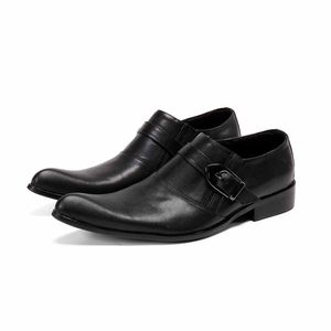 Jurk Toe Buckle puntige zwarte mode echte lederen schoenen mannen zacht comfortabel zapatos hombre 348