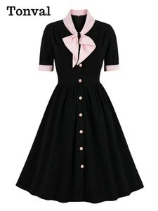 Jurk tonval stropdas nek vintage stijl single -breaded halve mouw herfstkleding voor vrouwen zwarte knie lengte polyester jurk 2022 elegant
