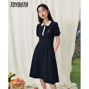 Toyouth – robe d'été à manches courtes pour femmes, col Polo avec boutons, taille ajustée, gris marine, jupe mi-longue Chic, mignonne, 2023