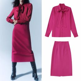 Kleid TRAF Autumn Fuchsia Damen-Sets Langarmshirt mit Knopfleiste und Schleife und Midi-Röcke mit hoher Taille BB221106