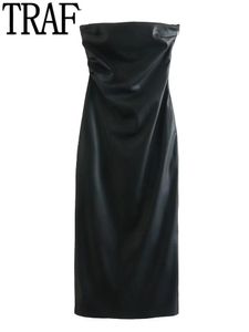 Jurk Traf Black Faux Lederen jurk vrouw uit schouder bodycon lange jurken voor vrouwen sexy backless jurk 2023 midi feestjurken