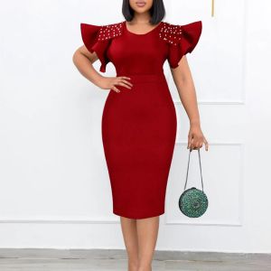 Jurk Trendy 2023 Vrouwen Zomer Kerk Jurken Elegante Bezaaid Kralen Ruche Mouw Bodycon Knielengte Cocktail Party Formele Jurk