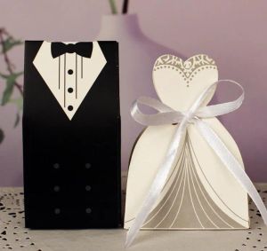 Jurk Tuxedo Bruid Bruidegom Bruiloft Gunst Lint Snoep Bomboniere Doos Verjaardag Valentijnsdag Verloving behandelt papieren dozen LL