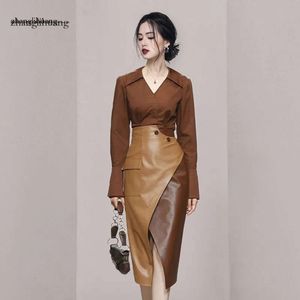 Jurk Two Piece Autumn Winter Set Women V Neck Shirts Tops Pu Leather Pencil Skirts Office Lady Runway Tracksuit Outfist D232 221010