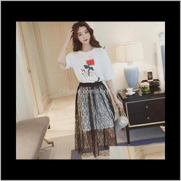 Robe Deux Pièces Ensembles Vêtements Pour Femmes Livraison Directe 2021 T-shirt Imprimé Floral Maille Jupe Solide O Cou T-shirt À Manches Courtes Femmes Ensemble Vêtements S