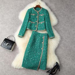 Kleid Zweiteiliger Damen-Mode-Runway-Winter-Tweed-Anzug 2022 Frühling Pailletten-karierter Büro-Wollmantel mit Rock 2-teiliger Anzug