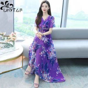 Robe UHYTGF 2023 robe d'été femmes à manches courtes imprimé glace soie robes longues femme col en V pull bohème robe mince dame 2597