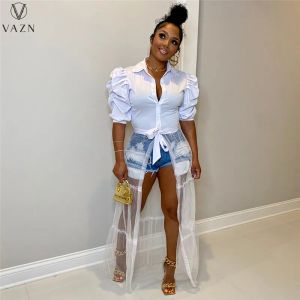 Robe VAZN 2022 Hot List Pachwork Dentelle Jeune Sexy Demi Manches Point Ouvert Demi Manches Chemise Style Femmes Taille Haute Robe Longue