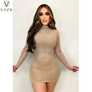 VAZN 2023 Pure Kleur Dame Mini Korte Jurk Hot Koop Lange Mouw Ronde Hals Jurk Sexy Street Style Vrouwen hot Boor Korte Jurk