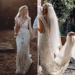 Vestido Vintage Garden Boho Boho Wedding Lace V Manges en V degase ABIERTA Vestidos de novia abiertos de marfil personalizado y champán Cosina larga Vaos rústico sin espalda es menos