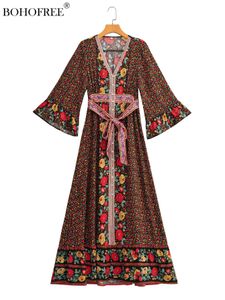 Robe vintage chic rayonne coton boho robe v cou de cou 3/4 manches à manches florales longues robes longues usor