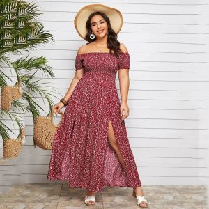 Jurk Vintage bloemen maxi-jurken voor dames plus size dames zomer elegant off-shoulder gesmokt strandjurk hoge split losse boho