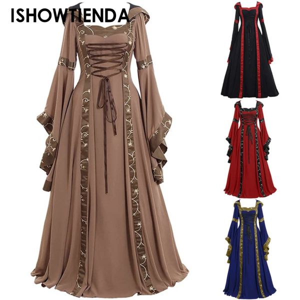 Robe vintage halloween cosplay costume sorcière vampire gothic robe fantôme robe up up party imprimé les vêtements féminins de la mariée fantôme médiéval