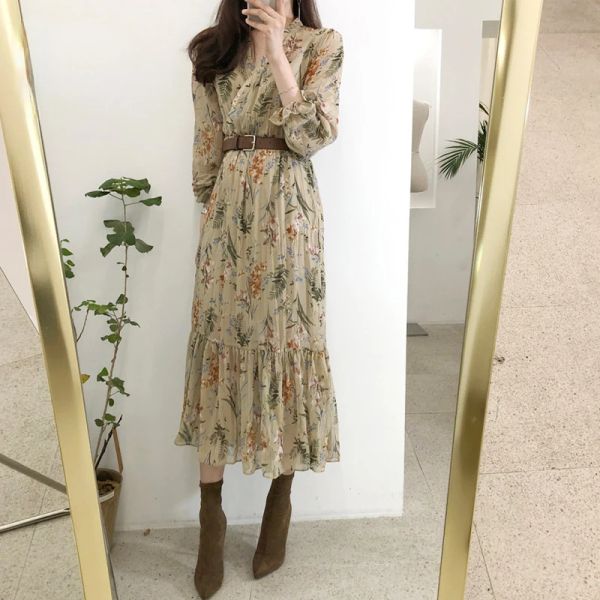 Robe Vintage plissée col en V à manches longues en mousseline de soie robes Maxi florales pour femmes vêtements élégant moulante robe mi-longue coréenne été 2023