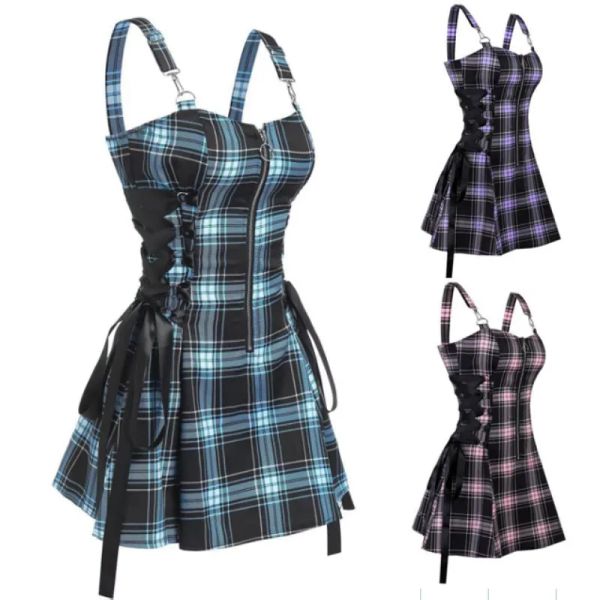 Vestido Vintage Punk de Harajuku Lolita gótico a cuadros con cordones Y2K cremallera Sexy ALine diario para mujeres sin mangas ropa de calle Mini vestidos