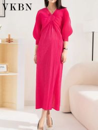 Robe VKBN printemps été Maxi robes pour femmes décontracté manches lanterne col en V plis Rose rouge pull robe de soirée élégante