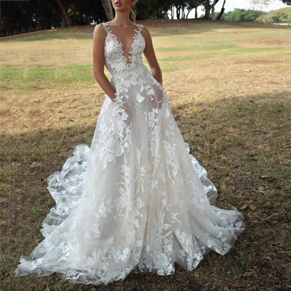 Robe Robe de mariée 2021 sans manches Appliques femmes élégante dentelle robe Maxi Sexy col en V profond fronde robes de soirée de mariage de mariée