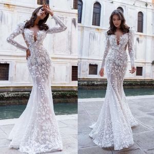 Jurk Wedding Elegant Mermaid Lace V Nek Arabische trompet met lange mouwen bruidsjurken gewaad op maat gemaakte de soiree