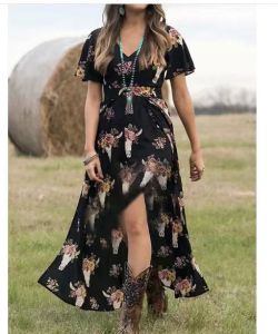 Vestido occidental americano ropa Vestidos De Mujer cabeza De toro impreso mujeres vaqueras manga corta suelta Maxi vestido dividido para Mujer