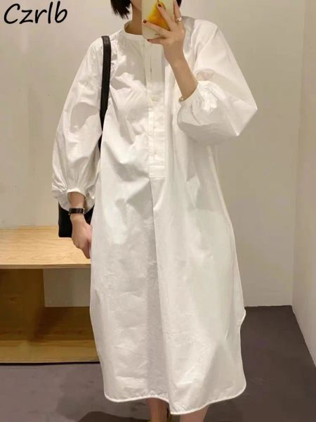 Robe Blanche Baggy Robe Femmes Lanterne Manches Été Enceinte Chic Mode Coréenne Vêtements Tempérament Respirant Vintage Littéraire Allmatch