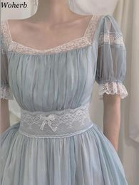 Vestido woherb fairy fiesta de fiesta mujeres 2022 verano vintage de encaje azul mediante princesa vestida kawaii lolita elegante casual de una pieza vestido