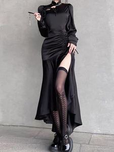Robe femme élégante noire à manches longues pansement Sexy gothique dames Cheongsam chinois serré Y2k Club fête robes fendues