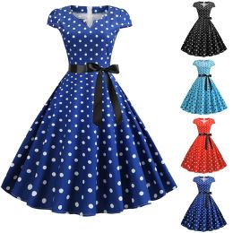 Jurk vrouw retro jurken Audrey Hepburn 1950s 60s rockabilly polka dot geprint bowknot pinup ball jurk feestjurk robe Vestidos#g3