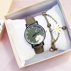 Jurk domans kijken madeliefje bloemen schattige dames polshorloge armband set casual mat lederen vrouwelijke horloges reloj mujer